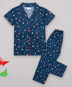 Sheer Love X-Mas Printed Short Sleeves Shirt With Pajama Set -  Blue