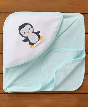 Babyhug Woven Terry Embroidered Hooded Towel Penguin Print - Blue