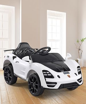Babyhug Battery Operated Ride On Car with Music & Lights - White| Forward & Reverse Drive| Wide Comfortable Seat| Rechargeable Battery| Remote Control| Pre-loaded Music with USB & AUX