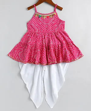 M'andy Sleeveless Gota Lace Embellished Design Detail Drop Waist Kurti With Patiala - Pink