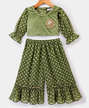 M'andy Full Sleeves Foil Printed Embellished Top & Sharara Set - Green