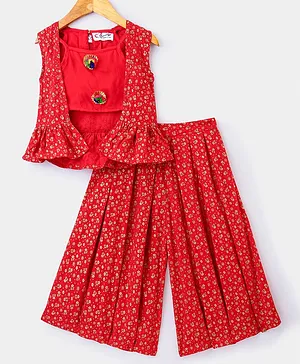 M'andy Sleeveless Gota Detail Crop Top With Sleeveless Floral Printed Jacket & Printed Flared Palazzo - Red