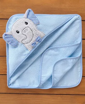 Babyhug Woven Terry Embroidered Hooded Towel Elephant Print - Blue