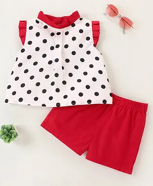 M'andy Cap Sleeves Polka Dot Printed Top With Solid Shorts - Red