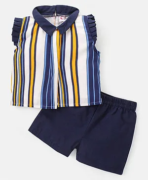 M'andy Cap Sleeves Balances Striped Top With Solid Shorts - Navy Blue