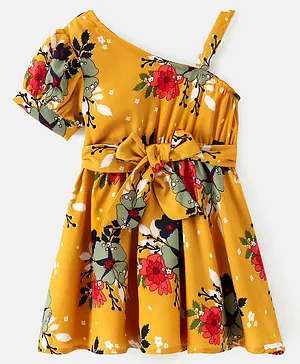 M'andy Sleeveless Flamingos Printed Striped One Shoulder Dress - Yellow