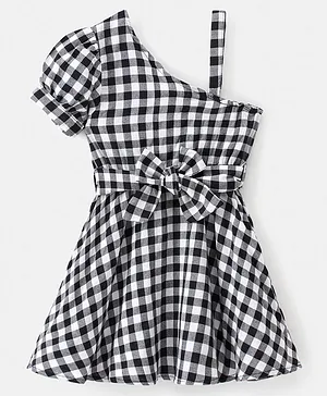 M'andy Sleeveless Checkered One Shoulder Dress - Black