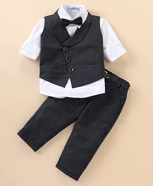 Mark & Mia Full Sleeves Solid Party Suit with Bow & Striped Waistcoat - Black