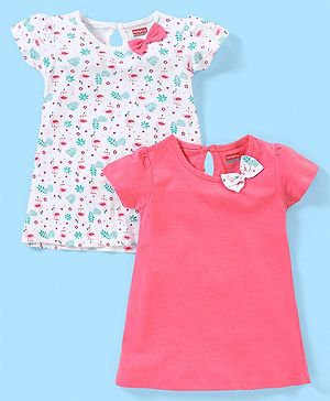 Babyhug 100% Cotton Half Sleeves A Line Floral Printed Frock with Bow Applique Pack of 2 - Pink