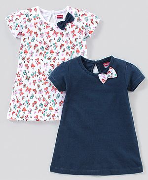 Babyhug 100% Cotton Knit Half Sleeves Butterfly Print Frocks With Bow Applique Pack Of 2 - White & Navy Blue