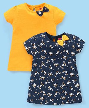 Babyhug 100% Cotton Half Sleeves Floral Print Frocks with Bow Applique Pack of 2 - Navy Blue & Yellow