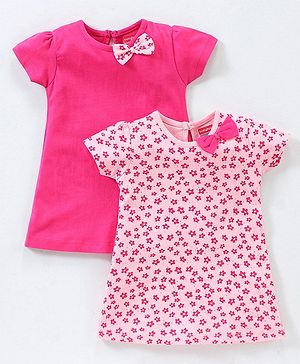 Babyhug 100% Cotton Knit Half Sleeves Floral Print Frocks With Bow Applique Pack of 2 - Pink