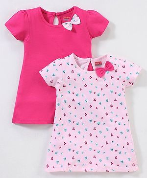 Babyhug 100% Cotton Half Sleeves Frock with Bow Applique - Pink