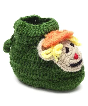 MayRa Knits Hand Knitted Woven Animal Face Design Detailed Booties - Green