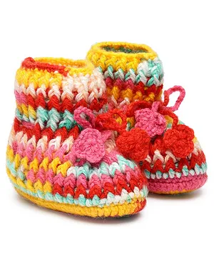 MayRa Knits Hand Knitted Woven Design Detailed Booties - Multi Colour