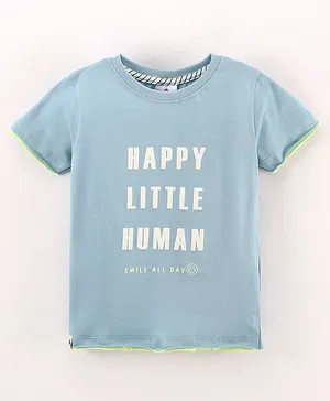 First Smile Cotton Half Sleeves T-Shirt Happy Little Human Print - Blue