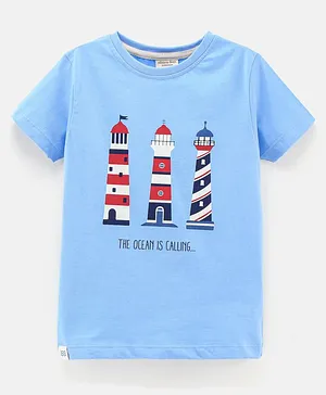 Ollypop Cotton Knit Half Sleeves Light House Printed T-Shirt - Blue