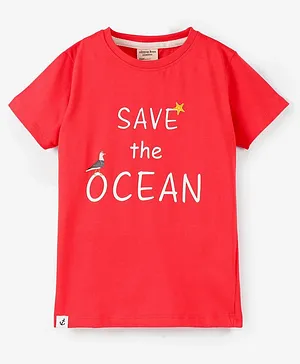 Ollypop Cotton Knit Half Sleeves Save the Ocean Printed T-Shirt - Red