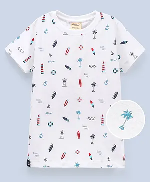 Ollypop Cotton Knit Half Sleeves Palm Tree Printed T-Shirt - White