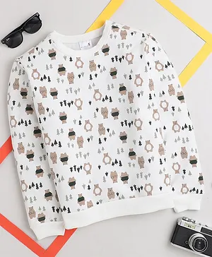 BAATCHEET Full Sleeves Bear Printed Fleece Sweatshirt - Off White