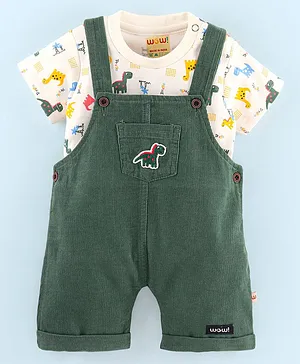 WOW Clothes Cotton Dungaree With Half Sleeves Inner T-Shirt Wild Animal Print - Green