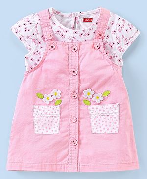 Babyhug 100% Cotton   Frock with Half Sleeves Inner Tee Floral Print and Embroidery - Pink