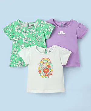 Doodle Poodle 100% Cotton Half Sleeves Floral Print Tops Pack of 3 - White Green & Purple