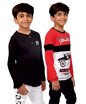 3PIN Pack Of 2 Full Sleeves  Graphic Printed T-Shirts - Black & Red