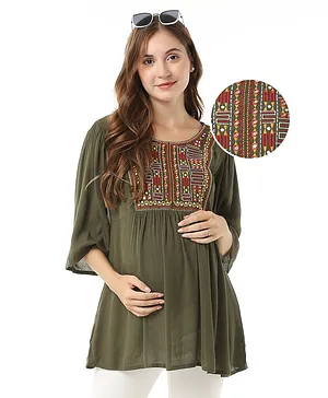 Bella Mama Woven Embroidered Yoke With Three Fourth Sleeves Maternity Top - Olive Green