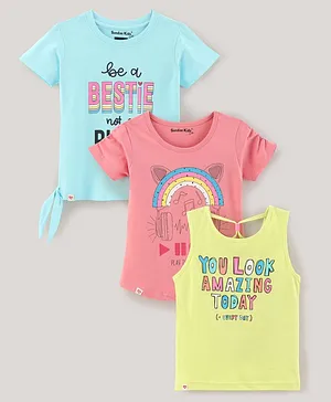 Sundae Kids Cotton Knit Half Sleeves Text Printed T-Shirts Pack of 3 - Yellow Blue & Pink