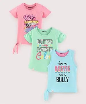 Sundae Kids Cotton Knit Half Sleeves Quote Printed T-Shirts Pack of 3 - Green Blue & Pink