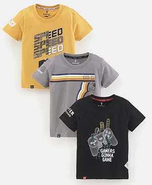 Sundae Kids Cotton Knit Half Sleeves T-Shirt Text Print Pack of 3 - Grey Black & Yellow