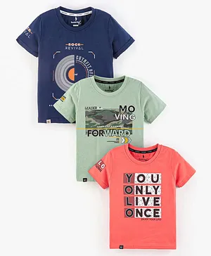 Sundae Kids Cotton Half Sleeves T-Shirts Text Printed Pack of  3 - Green & Navy Blue