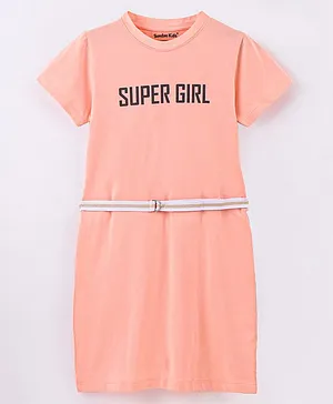 Sundae Kids Cotton Lycra Half Sleeves Super Girl Text Print Frock - Pink