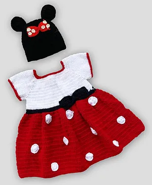 Knitting by Love Short Sleeves Floral Applique Mini Handmade Sweater Dress With Cap - Red & White