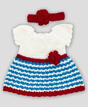 Knitting by Love Handmade Short Sleeves Flower Crochet Embroidered Sweater Dress With Head Band - White & Blue