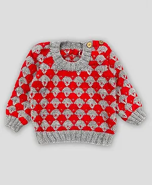 Knitting by Love Simple Knit Pattern Handmade Full Sleeves Sweater - Red Grey
