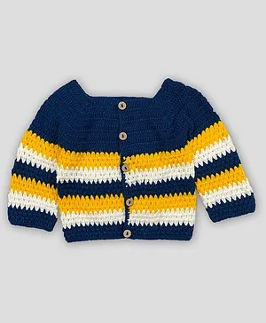 Knitting by Love full Sleeves Strip Knit Crochet Handmade  Sweater - Yellow & Blue