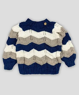 Knitting by Love Handmade Full Sleeves Wave Knit Pattern Sweater - Blue & White