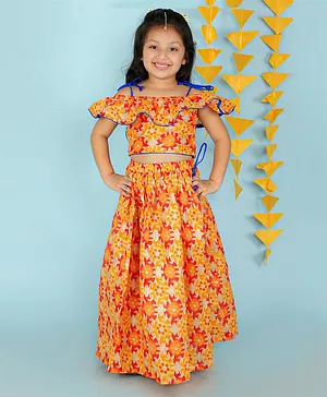 KID1 Short Sleeves Floral Frilly Pawda Pattu Lehenga Set - Yellow & Orange