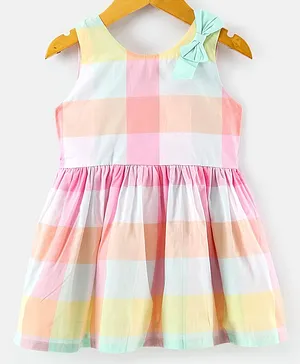 Orrigany Sleeveless Checked Frock With Bow Applique Print- Pink & Blue