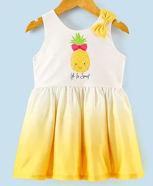 Orrigany Sleeveless Frock With Bow Applique Pineapple Print- Yellow