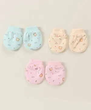 Simply Cotton Knit Mittens Set Bear Print - Beige Pink Blue