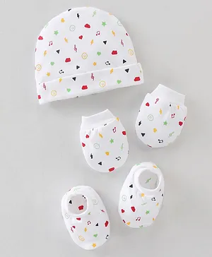 Simply Cotton Knit Icons Printed Cap Mittens & Booties Set White - Diameter 10 cm