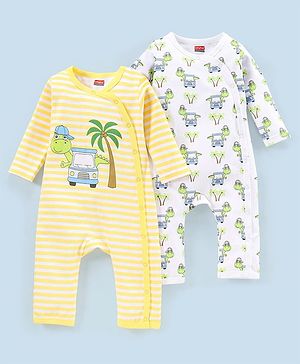 Babyhug 100% Cotton Full Sleeves Romper Pack Of 2 Dino Print - Yellow and White