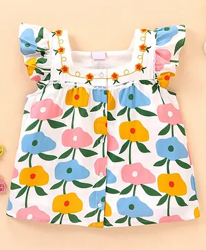 Kookie Kids Frill Sleeves Floral Printed Top with Lace & Embroidery Detailing - White
