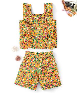 Kookie Kids Sleeveless Top with Shorts with Frill Detailing Floral Print - Yellow