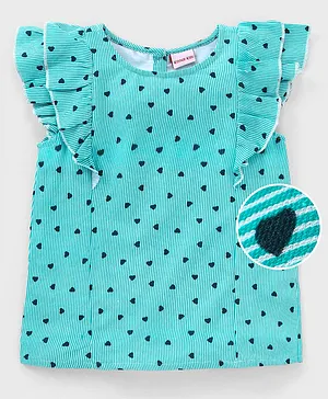 Kookie Kids Rayon Half Sleeves Top With Frill Detailing Heart Print- Blue