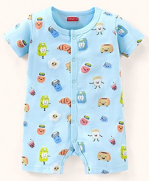 Babyhug 100% Cotton Half Sleeves Romper Bread Print - Blue