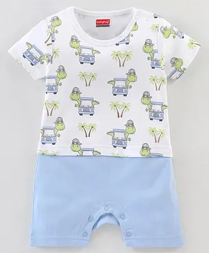 Babyhug 100% Cotton Half Sleeves Romper Dino In Car Print - Blue